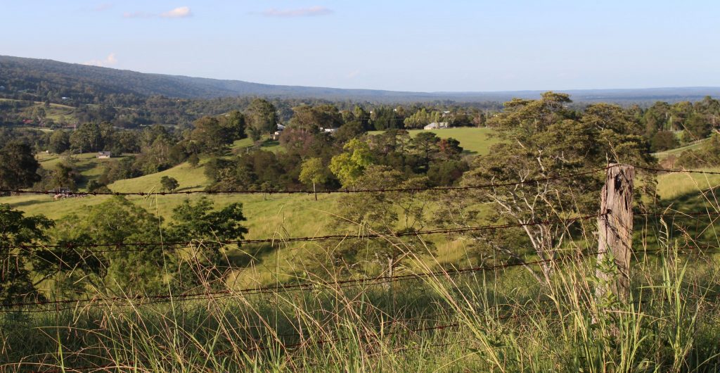 View of hilly farm land at Grose Vale with barbed wire fence in front and blue mountains at rear